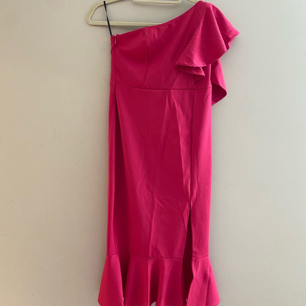 Pink ruffle sleeve, one shoulder dress